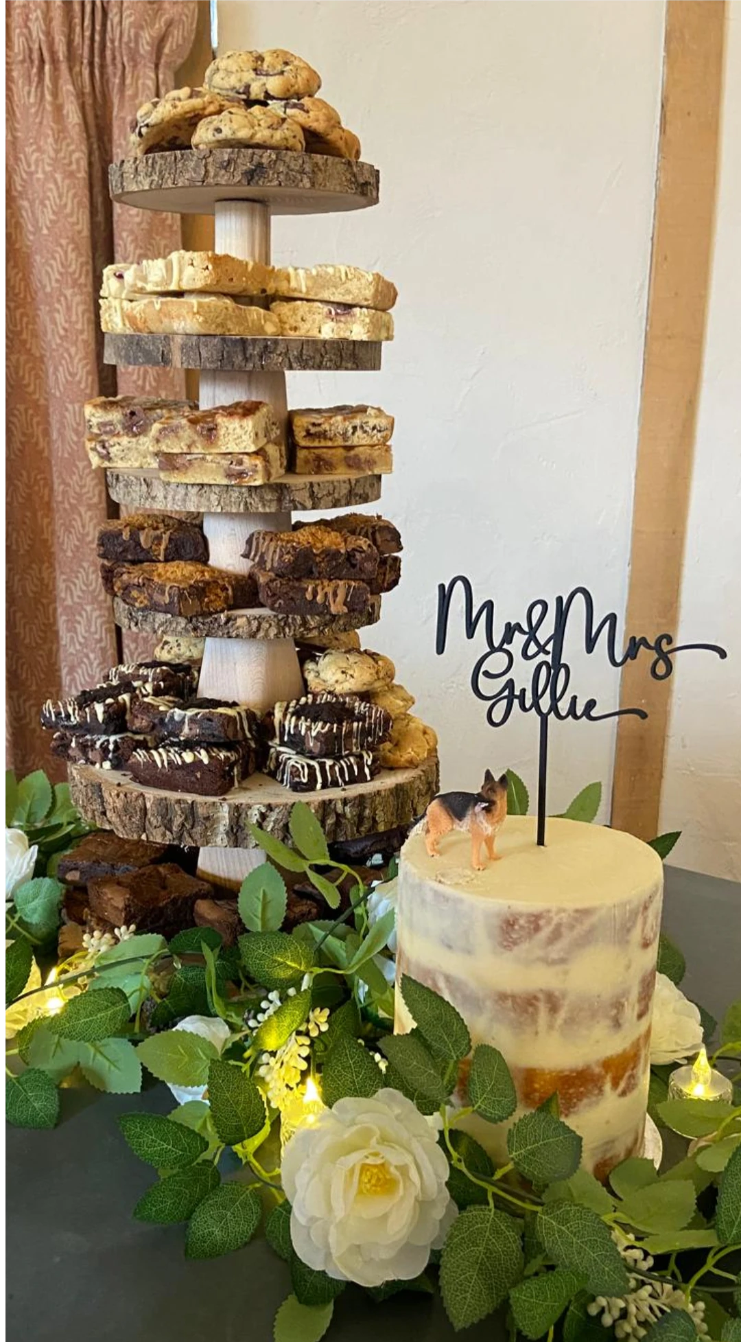 Brownie, Blondieand Cookie Tower with cake to cut for a Wedding
