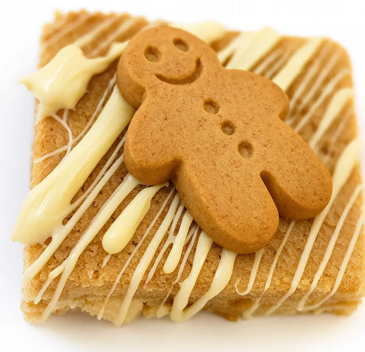 Gingerbread blondie topped with a gingerbread man